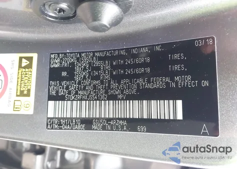 2018 Toyota Highlander Xle z USA, uszkodzony, nr VIN 5TDKZRFHXJS541362